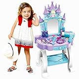 COO11 64CM Makeup Vanity Set for Girls with Light and Music Dressing Table with Mirror, Princess Castle-Style, Pretend Beauty Accessories, Frozen-Inspired Makeup Toy Gift for Girls Ages 3+