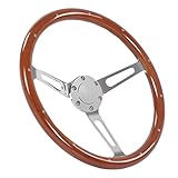 Vintage Steering Wheel, Universal Classic Wood Steering Wheel Diameter 15 Inch 3 Spoke for Car Modification (Brown)