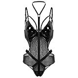 Crubelon Women’s Wet Look Lingerie Leather Bodysuit Mesh Patchwork Halter Neck High Cut Leotard Bodysuit Clubwear - Black - XL