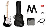 Squier by Fender Sonic Stratocaster Electric Guitar Pack, Maple Fingerboard in Black, Gig Bag, Squier Frontman 10W Amp, Picks, Strap, Cable, Comes with Free Virtual Lessons