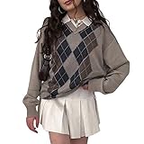 RTGSE Women Vintage Argyle Plaid Knitted Sweaters Jumper Long Sleeve Plaid Pullovers Sweaters Y2K 90s E-Girl Knitwear Jumper (Argyle Gray A, M)