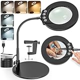 Jubor Gooseneck Magnifying Glass with Light and Stand, 10X 15X LED Magnifying Desk with Clamp and Base, Desk Magnifier Lamp with 5 Color Modes Stepless Dimmable for Hobby Crafting, Reading, Repairing