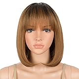 DÉBUT human hair Bob Wig with Bangs Short Straight Wigs for Women Pixie Cut 150% Density Brazilian Virgin Remy Hair（10 inches,TT1B30）