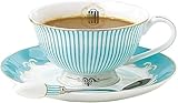YBK Tech Cup& Saucer Set Bone China Porcelain Tea Coffee Cup for Breakfast Afternoon Tea- Blue Stripe Pattern