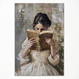 Canvas Picture Woman Reads Book in Vintage Style, Aesthetic Reading Poster, Oil Painting Portrait of a Victorian Bookworm Woman" Feminine Picture for Girls' Bedroom Children's Room 30 x 40 cm Unframed