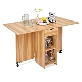 Mondeer Mobile Folding Dining Table, Drop Leaf Table with 1 Drawer and 2 Open Storage Shelves for Small Space Dining Room Kitchen, Red oak