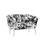 Modern Black & White Animal Cow Print Scalloped Accent Love Seat Chair , 2 Seater Mini Flower Shell Sofa, Small Compact Occasional Settee for Living Room Bedroom Office Salon Reception Lounge