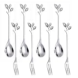 AnSaw 8 Pcs 4.7" Cake Fork, Coffee Spoon, Leaf Design, Premium Food Grade 18/10 Stainless Steel, Mirror Finish & Dishwasher Safe (Silver, 4 Spoon + 4 Fork)