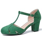 Peijely Womens T Strap Mary Jane Shoes Chunky Block Heel Cut Out Ankle Strap Buckle Dress Dance Pumps, Suede Green, 7 UK