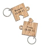 2 x Personalised Jigsaw Puzzle Piece Wooden Keyrings Each Engraved with Names & Date | Gifts for him or her