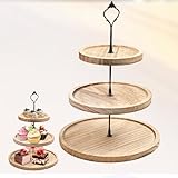 YedZen 3 Tier Round Cake Display Stand, Tiered Cupcake Light Tung Wood Holder with Metal Handle, Dessert Tiered Serving Wooden Cupcake Stand for Afternoon Tea, Party, Wedding, Birthday