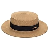 Women Boater Straw Sun Hat - Classic Panama Short Brim Fedora Summer Beach Sun Hat, Khaki, M/L