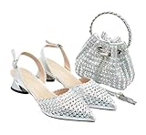 Italian Shoes and Matching Bag Set for Women Rhinestone Decorated African Style Mid Heel Party Pumps Silver