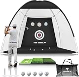 TS GOLF - Golf Practice Net - Indoor & outdoor 10x7ft - XL Tri-Turf Golf driving net and Mat, 5 Balls, 3 Rubber Tees, Carry Bag, Chipping net, golf nets for backyard driving
