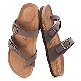 FITORY Women's Slide Sandals with Soft Cork Footbed, Comfort Arch Support Flat Sandals for Summer Brownish Yellow Size 4