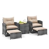 COSTWAY 5-Piece Rattan Garden Furniture Set, Patio Conversation Set with 2 Chairs, 2 Stools, Glass Top Coffee Table and Thick Cushions, Balcony Wicker Weave Outdoor Sofa Seating (Beige+Mix Grey)