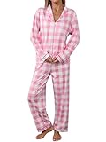 Famulily Ladies Pyjamas for Women UK Checked Button Up Nightwear Lounge Sets Long Sleeve Piping Pjs Set Winter Loose Sleepwear Homewear Pink XL