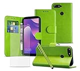 Case and Glass Screen Protector for Vodafone Smart V8 / VFD 710 - PU Leather Wallet Case [Card Holder Slots] [Stand & Magnetic Closing] Clear 2.5d Tempered Glass [ GREEN ]