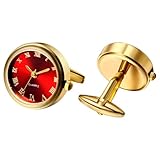 Oidea Watch Cufflinks for Men: Fashion Round Analog Quartz Real Working Watch Cufflinks Pair Business Dress Roman Numerals Watch Cuff Links Gift for Him, Gold Case Red Dial