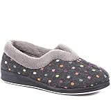 Pavers Ladies Wide Fit Polka Dot Slippers in Dark Grey with Memory Foam and Anti-Odour Treatment Women Fluffy Inner Lining Shoes - Size UK 7/EU 40