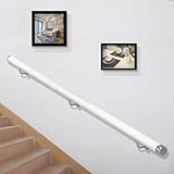Wooden Stairs Banister Handrail, Non Slip Round Stair Railings Support Rod, Wood Hand Railing with Bracket Stair Grab Bar Kit, Staircase Handrails with Grab Rail Complete (White, 50cm)