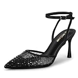 PIZZ ANNU High Heels for Women Diamante Stiletto Heel Sexy Ladies Sandals Pointed Toe Ankle Strap Wedding Shoes for Bride Prom Party Black Size 7