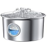 Cat Water Fountain for Drinking: Stainless Steel Cat Fountain - 2.6L Pet Water Fountain Stainless Steel - Dog Dispenser - Pet Drinking Bowl with Visible Level Window - Flower Head Spout Design