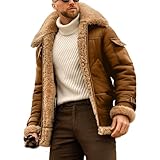 EsukAr Mens Aviator Shearling Sheepskin Leather Bomber Flying Jacket,Brown,5XL