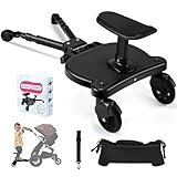 BugyKido Universal Buggy Board with Seat, Kiddy Board with Pram Organiser Bag, Pram Standing Board Compatible with Over 99% of Pushchairs, for Children from 2-6 Years, Load 25 KG(Black)