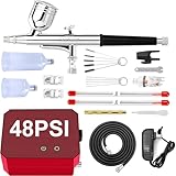 Omeyo Airbrush Kit with Air Compressor, 48 PSI High Pressure Air Brush Non-Clogging with 0.2/0.3/0.5mm Nozzle/Cleaning Sets, Ideal for Painting, Modeling, Cake Decor, Pastry, Makeup, Nail Art Red.