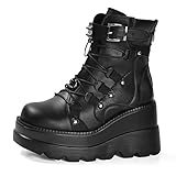 Gothniero Women Black Platform Boots Chunky Heel Combat Ankle Goth Rave Motorcycle Booties with Buckles Side zip Rounds toe Size UK3-UK8