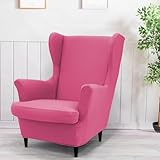 Highdi Wingback Chair Covers 2 Piece Stretch Wing Chair Cover Solid Color Sofa Cover Armchair Slipcover Washable Non Slip Furniture Protector for Living Room Bedroom Hotel (Hot Pink)