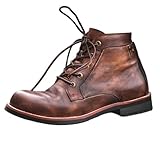 RenDiuJups Retro Motorcycle Boots Brown Leather Men's Biker Lace-Up Ankle Boots Vintage Style, Distressed Leather Casual Footwear, Rugged Workwear & Combat Shoes for Men(8 UK)