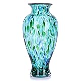 Hand Blown Glass Vase 11.8" Tall Beautiful Turquoise Sea Wide Mouth Bud Vase for Table Centerpiece, Painted Colorful Murano Glass Flower Vases for - Home Entrance Wedding Center