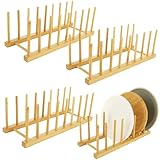 MUXHEL 4PCS Wooden Dish Rack, 8 Slots Bamboo Wooden Plate Rack for Cupboard Plate Drainer Rack, Wooden Plate Organiser for Kitchen Cupboard, Bowl, Cup, Cutting Board