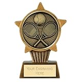 TROPHIESPLUSMEDALS Tennis Racquets & Ball Mini Star Trophy - 10cm Personalised Resin Sports Award Cup with Free Engraving | Kids & Adult Tennis Trophy for School, Club & League Events
