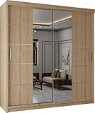 Modern Double Sliding Door Wardrobe 2 Mirrored Hanging Rails & Shelves Storage Cabinet for Bedroom (180cm, Lisbon Oak)