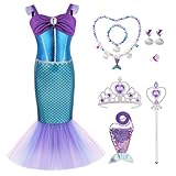 AYBUY Blue Princess Mermaid Dress Set for Girls, Little Mermaid Princess Costumes with Crown Magic Wand Fishtail Bag, Fancy Dress Up for Girl Halloween Cosplay Sequin Outfit