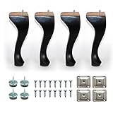 8'' Queen Anne Wooden Furniture Replacement Legs Colours M8 Thread With Level Mounting Plates Protective Felt Pads Set Of 4 Replacement Legs For Sofa Cabinet Footstool Chair Bed Ottoman (Black)