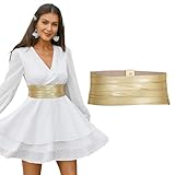 LEACOOLKEY Women Wide Leather Belt for Dress Chunky Elastic Stretchy Belt for Women Thick Obi Cinch Belt,Gold