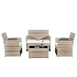 4 Seater Rattan Garden Furniture with 2 Rattan Chairs, 1 Outdoor Loveseat, Glass Coffee Table & White Cushions, Weather-Resistant Patio Set for Garden, Balcony, Poolside