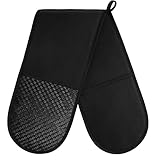 AUAUY 1 PC Black Double Oven Gloves, 250°C/482°F Heat Resistant BBQ Oven Mittens with Ropes, Silicone Non-slip Design Gloves-Oven Mitts, Cooking Oven Glove Mitts for Cooking Baking Grilling
