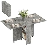 HOMCOM Folding Dining Table, Drop Leaf Table with 2-Tier Shelves, Rolling Casters, for Small Spaces, Kitchen, Cement Grey