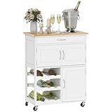 HOMCOM Modern Kitchen Trolley, Rolling Island Storage Cart with Drawer, 9-bottle Wine Rack, Door Cabinets, Wooden Countertop, White