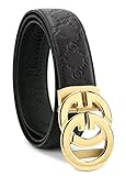 KLWINO Men's Luxury Design Soft Leather Belt with Automatic Buckle Ratchet Dress Belt, Adjustable Length, Embossing-black Gold, 20-44W