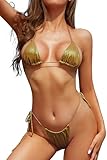 SHEKINI Women Metallic Triangle Bikini Set Halter String 2 Piece Swimsuit Shiny Brazilian Thong Bottom