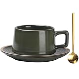 Quyimy Ceramic Coffee Cup with Saucer and Golden Spoon, Tea Cup and Saucer Set, Coffee Mug Set Porcelain Espresso, Bone China Cup for Afternoon Tea, 220ml, Olive Green