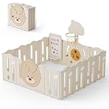 Warmiehomy Playpen for Baby and Toddlers, Foldable Kids Play Pen with Play Mat, Pit Balls, Basketball Hoop, Drawing Board, Deer Theme Large Adventure Activity Centre