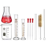 JESSTOLO Laboratory Glassware Set - 50ml Flask, Beaker, 10/5ml Cylinder, 3 Glass Droppers, 2 Brushes, 2 Stirring Rods
