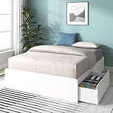 Zinus Marlow Double Bed frame - Bed 135x190 cm - 33 cm Height - Wooden Bed frame with Built-in Storage Drawers and Wood slats - White